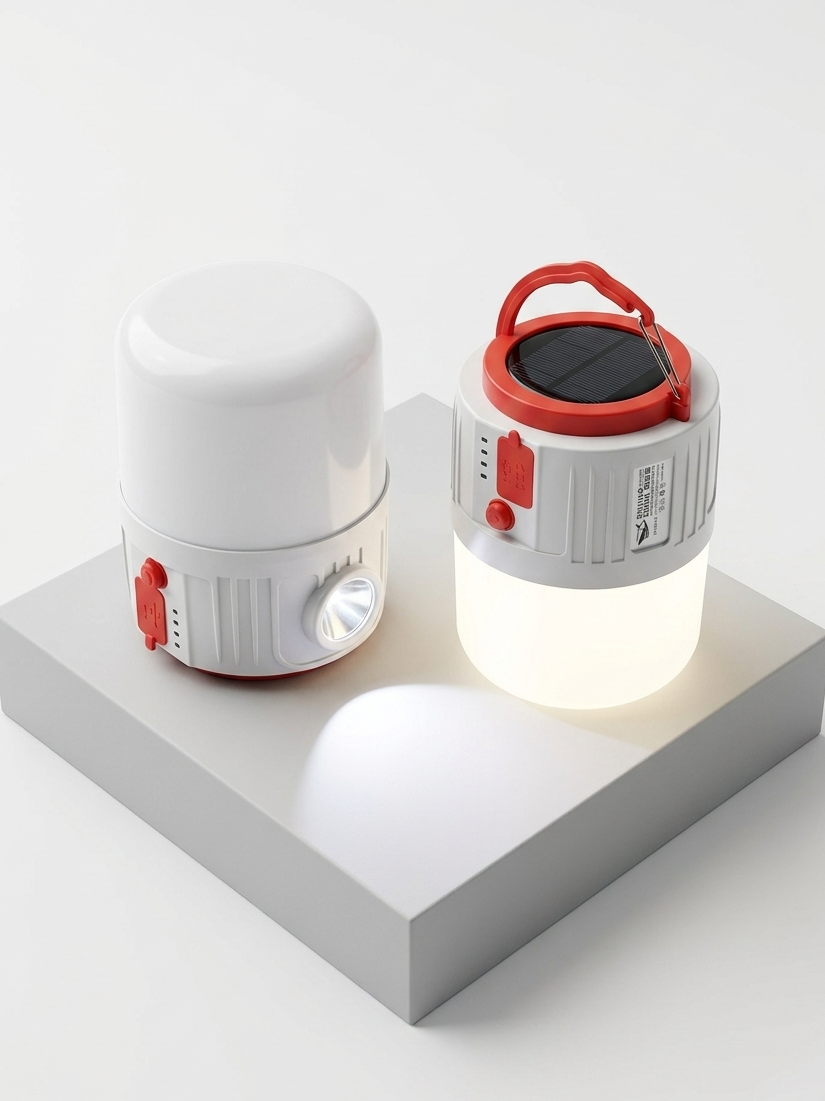 Two white and red portable lamps on a white platform with a white background