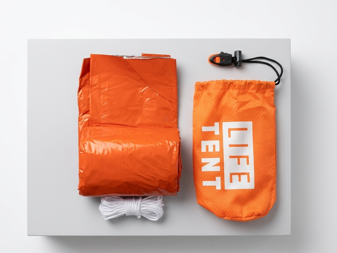 Orange life tent with packaging on a white background