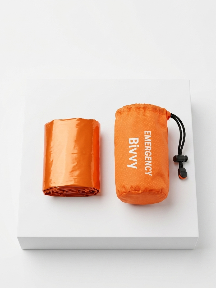 Orange emergency bivy sack with packaging on a white background