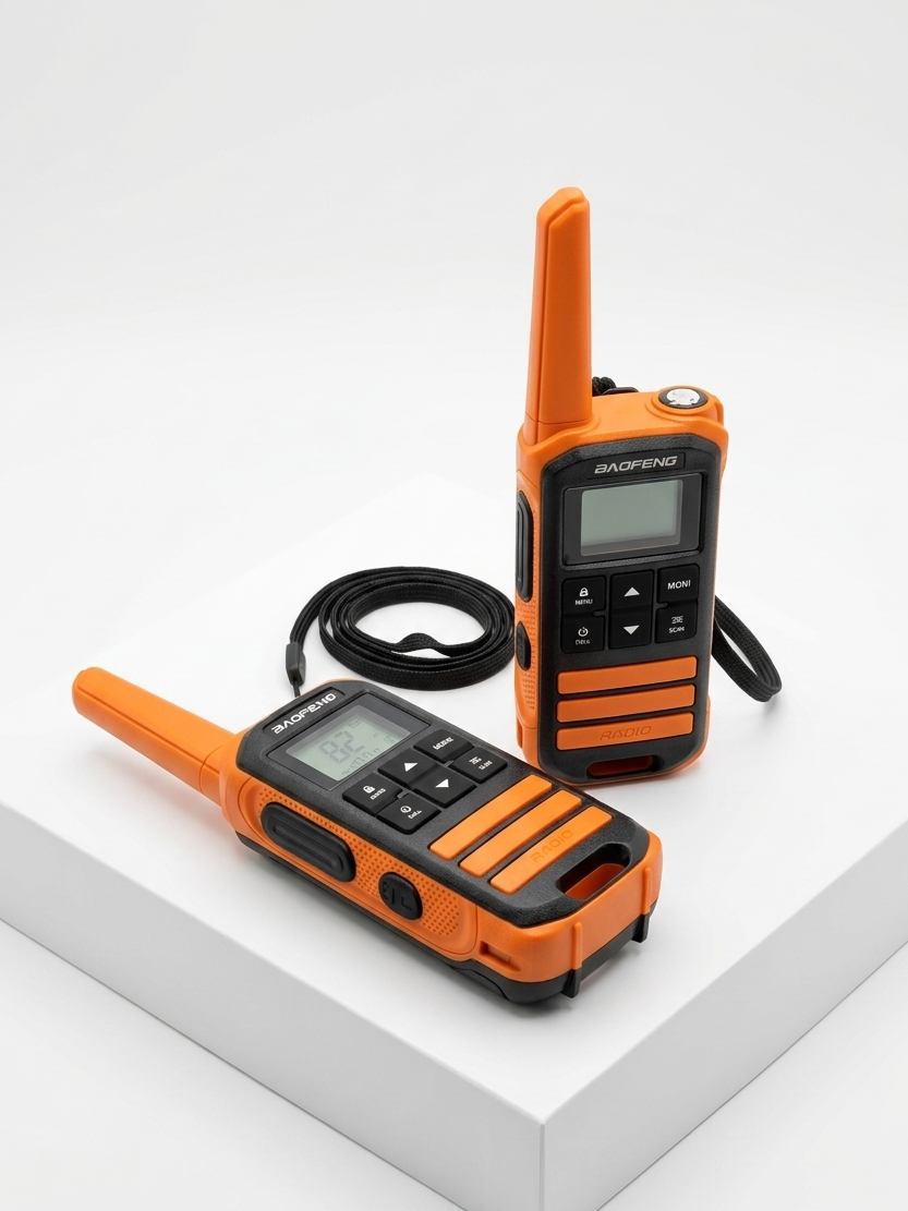 Two orange walkie-talkies on a white surface