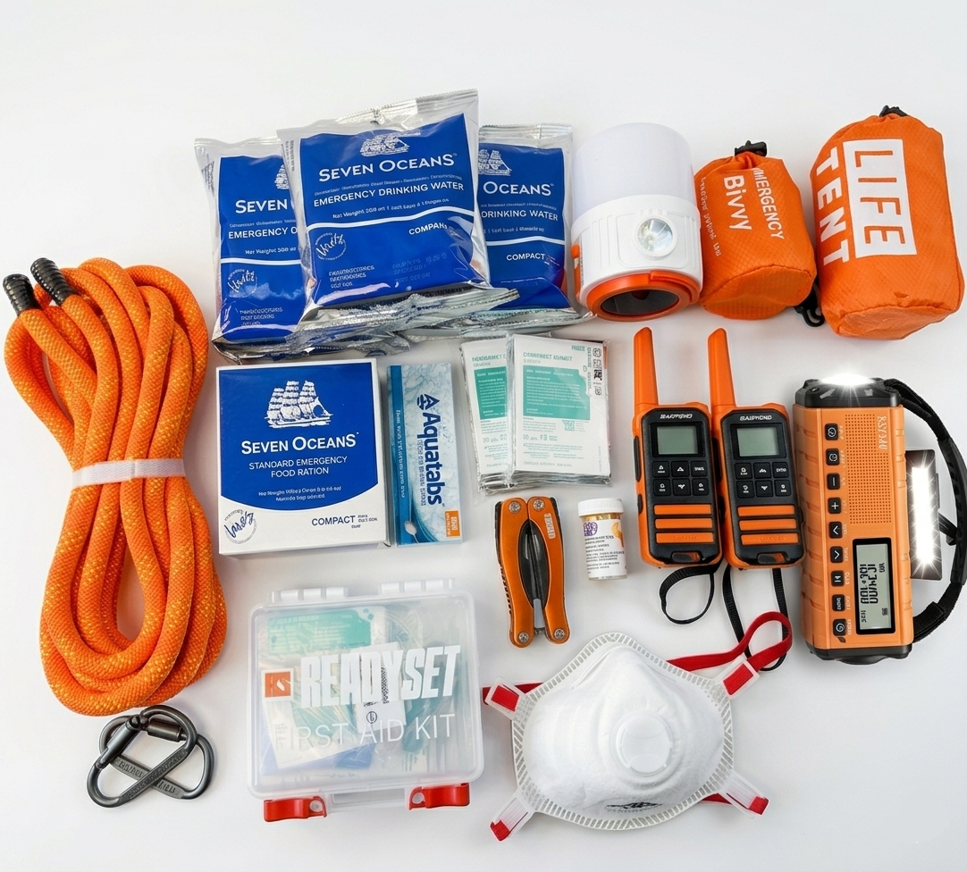 Collection of emergency supplies including a rope, water packets, a tent, radios, and medical kits on a white background.