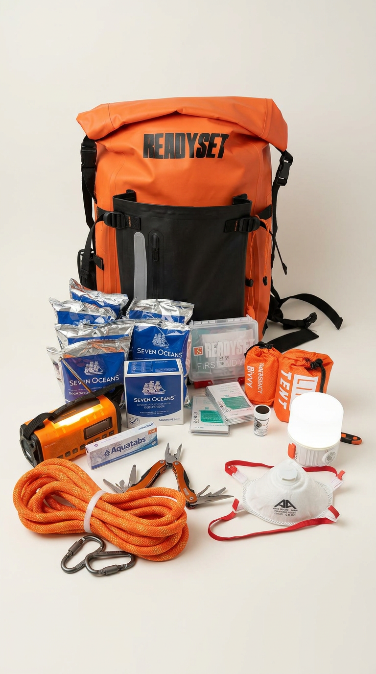 ReadySet Solo Set emergency kit backpack, packed and standing upright